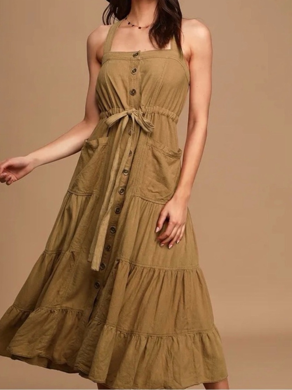 Free People Catch The Breeze Woven Linen-Blend Button-Down Tan Maxi Dress S - Picture 4 of 13